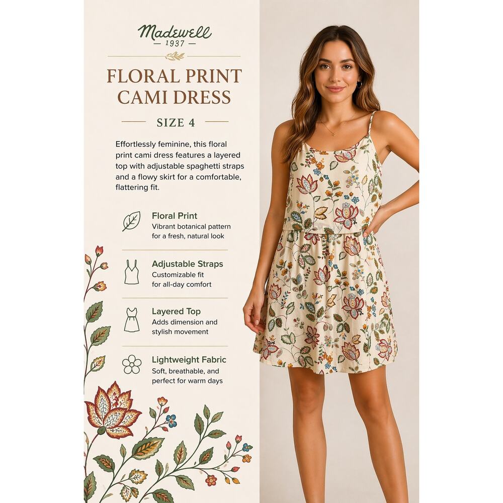 Madewell Floral Cami Dress Size 4 Cream Botanical Layered Spaghetti Strap